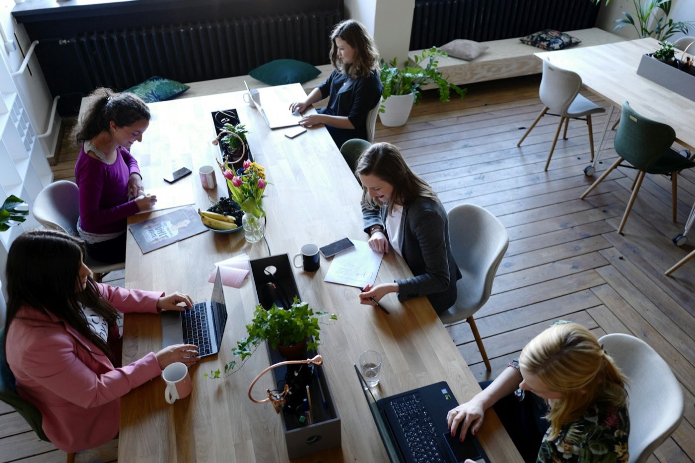 People working side by side around a long sunlit table